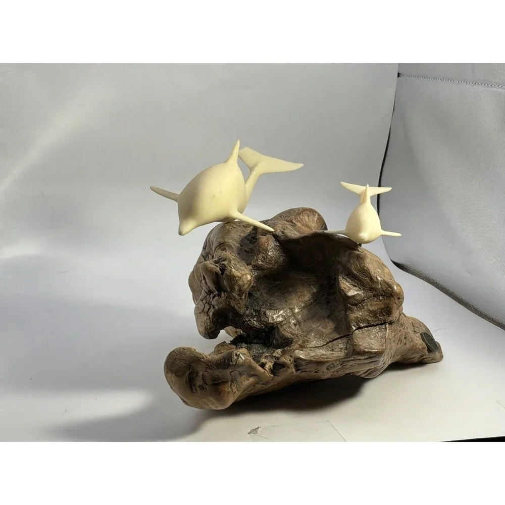 John Perry Parent & Baby Dolphin Sculpture On Burl Wood OnHas Broken Tail Shark?